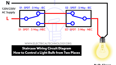 Staircase-wiring-diagram-How-to-control-a-lamp-from-two-different-places-by-two-2-way-& 3-way-switches