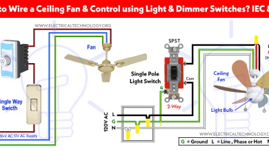 How to Wire a Ceiling Fan & Control using Light & Dimmer Switches - IEC & NEC